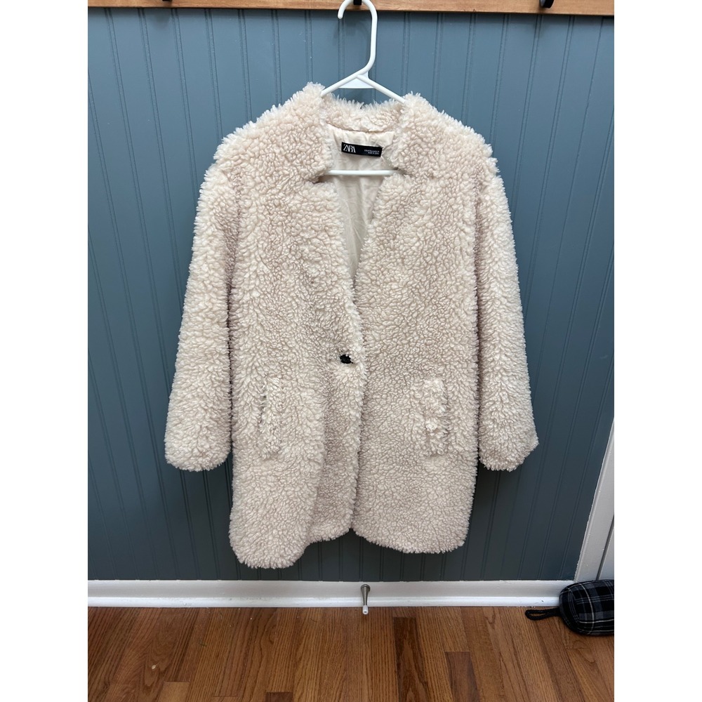 ZARA Teddy Coat Cream Sherpa Fleece Button Front Oversized Jacket Women M